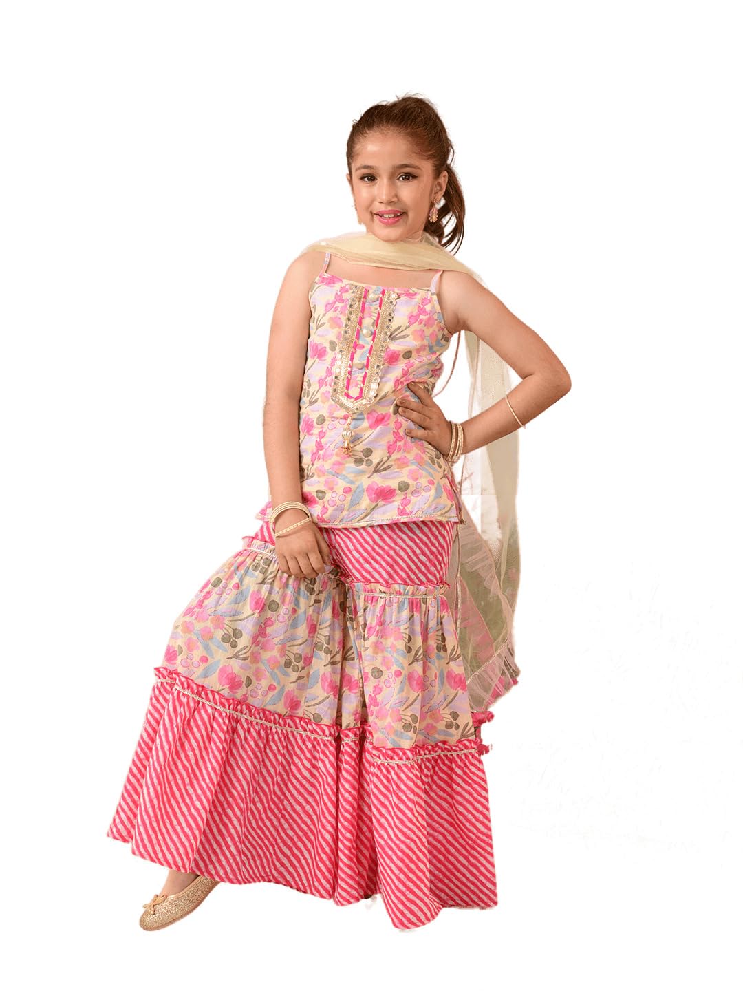 Pspeaches Girl's Cotton Kurta & Sharara (Sha-Magentaleheriya-12-13Y_Magenta
