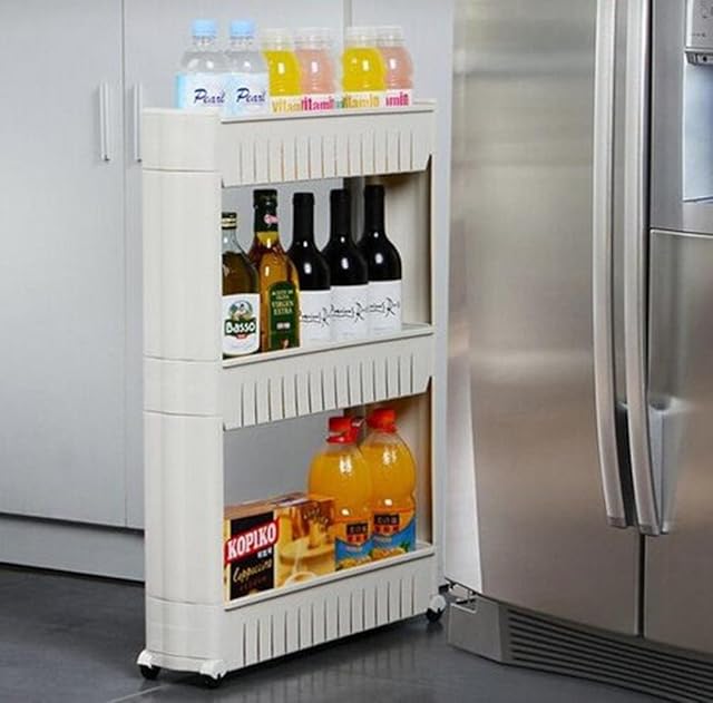3 Tier Rolling Slide Out Storage Tower Kitchen Bathroom or Laundry Rack Organizer with Wheel, White, 22.24 x 10.24 x 5.51 cm