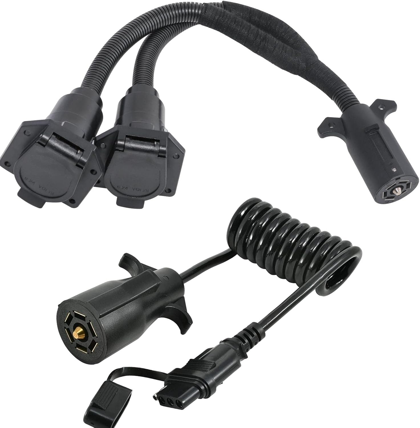 MECMO 7 Pin Y Splitter Trailer Adapter + 7 Way Blade to 4 Pin Coiled Trailer Wiring Harness 5ft Kit