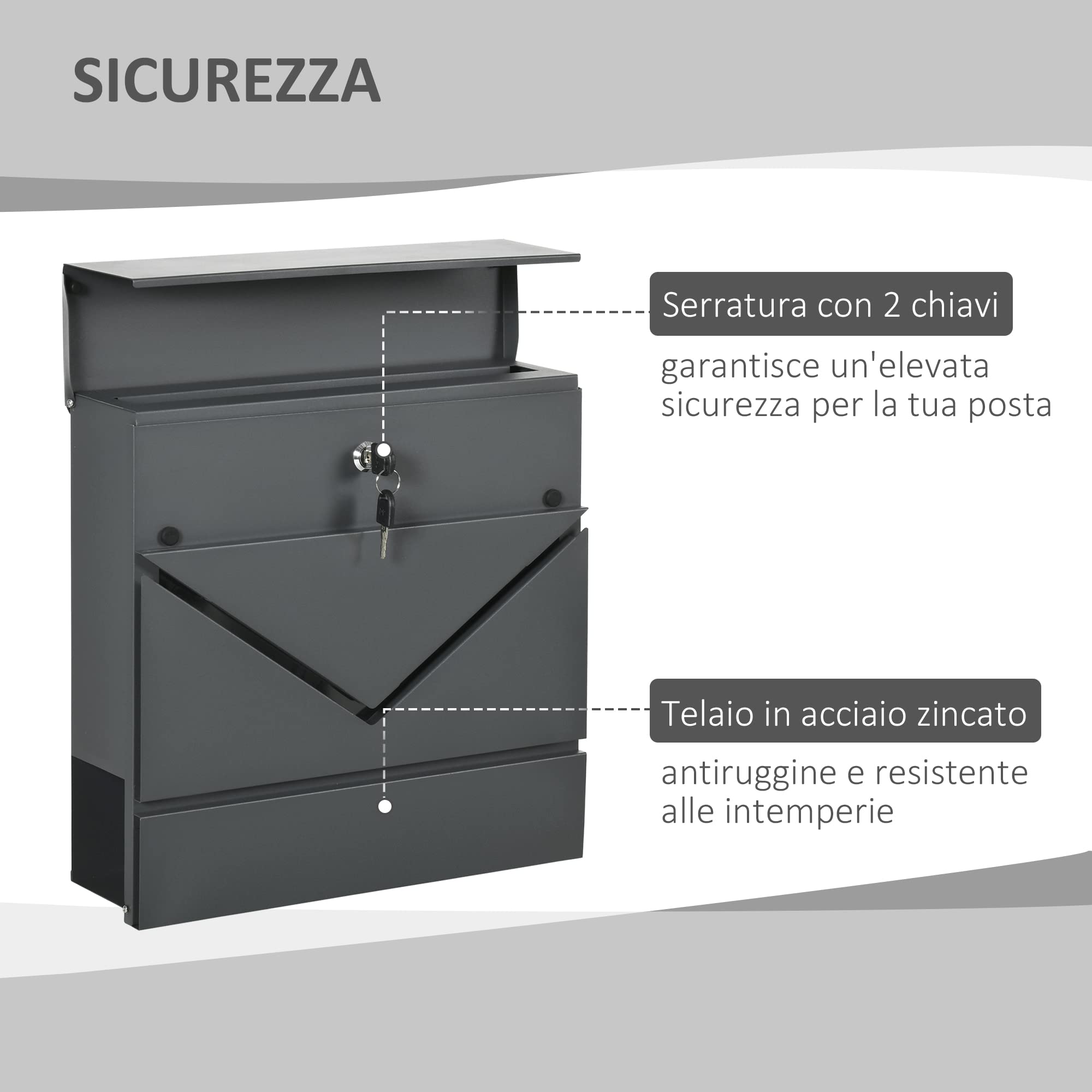 HOMCOM Cassetta Postale in Acciaio Zincato con Portagiornali e 2 Chiavi di Sicurezza incluse, 37x10.5x37 cm, Grigio