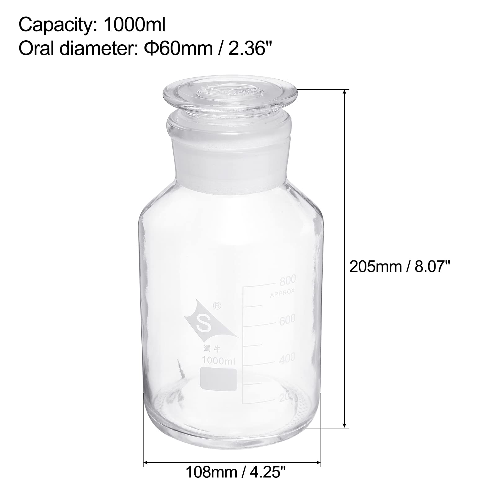 PATIKIL 1000mL Reactivo Medios Botella, 1uds Redondo Graduado Vidrio Almacenamiento Botella con Transparente Tapa para Laboratorio Hogar, Transparente
