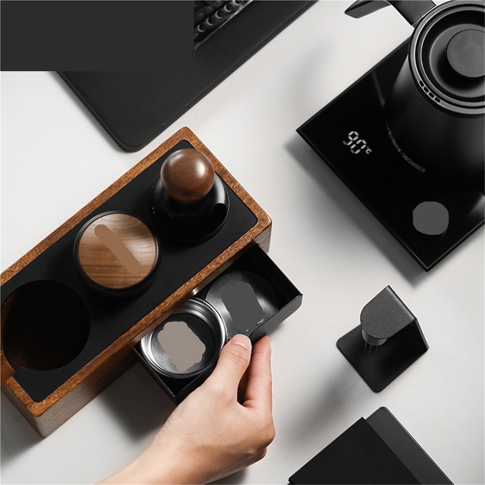 Portafiltro de café, Soporte for Tamper, tapete for Espresso, Soporte de Madera, Herramientas for café, Caja de Golpe, Accesorios de café for Barista para Cocina, Cafetería(Light Grey)