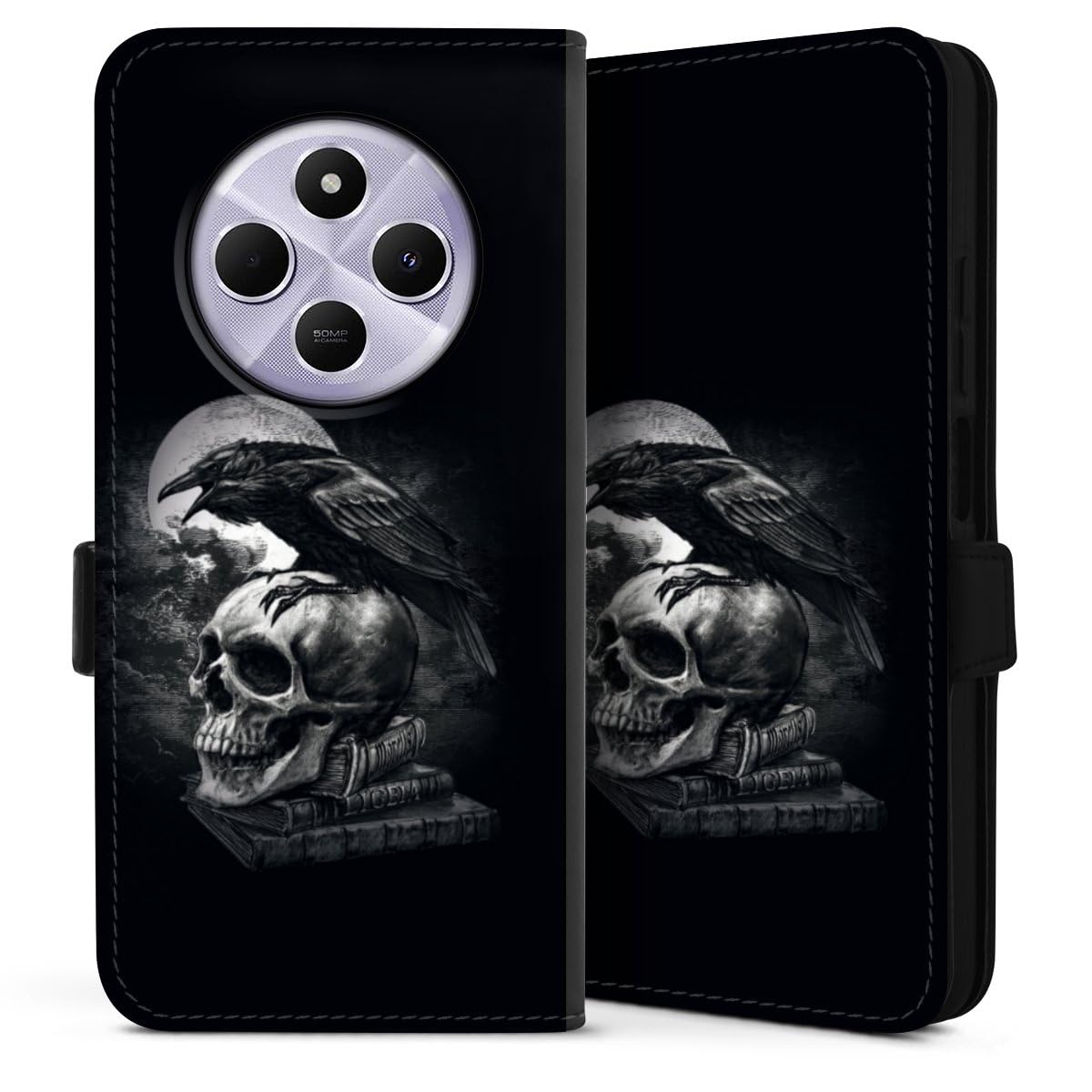 DeinDesign Etui Compatible avec Xiaomi Redmi 14C Etui Folio Etui magnetique Corbeau Crâne Têtes de Mort