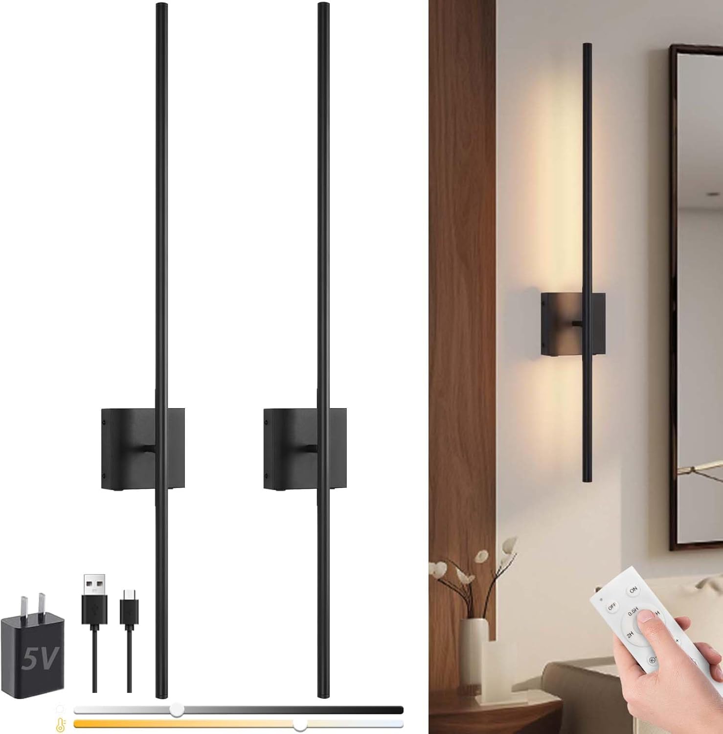 Wall Sconce Set of 2,Modern Rechargable Wall Lights 8W,15000mAh Endurance 200 Hours,Fast Charging,Indoor Wall Light,Wall Lights Wireless for Bathroom, Mirror, Living Room, Bedroom, Hallway Black Square Base