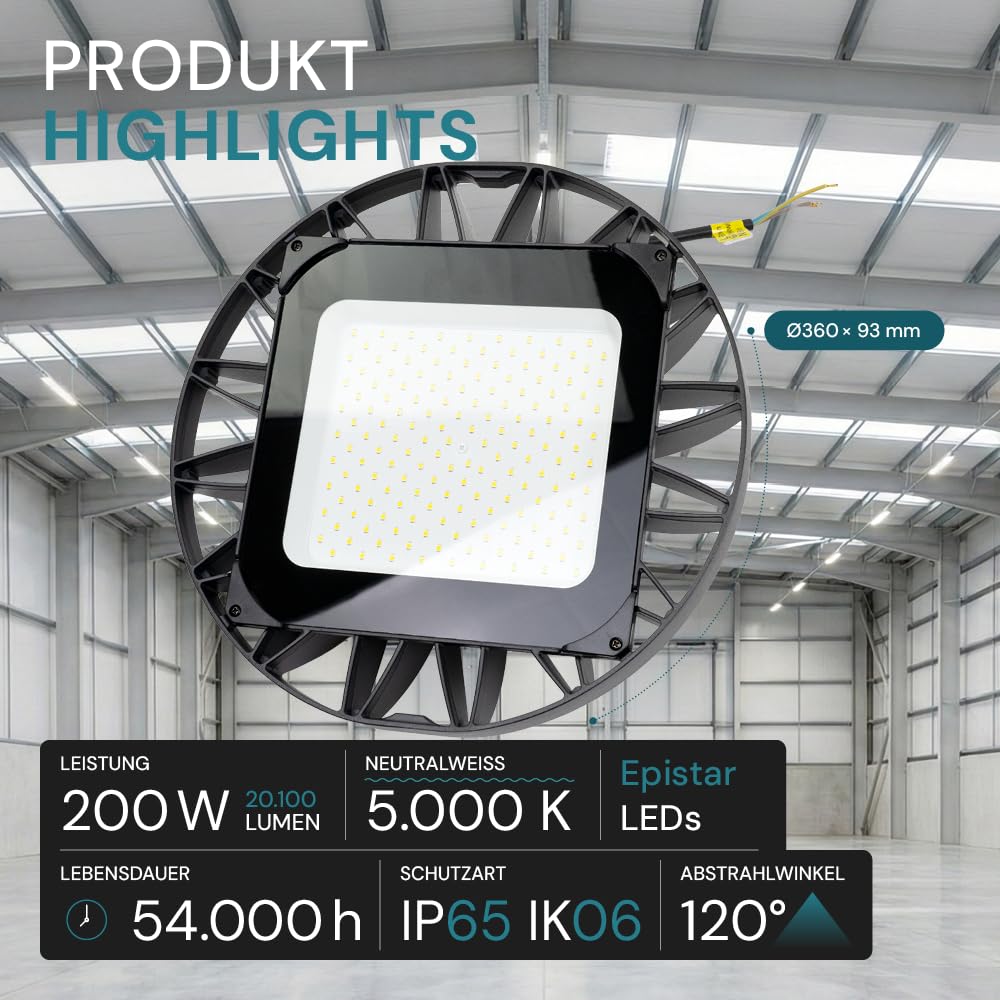 LUXULA LED Hallenstrahler UFO 200W 20100lm, 5000K Neutralweiß, IK08