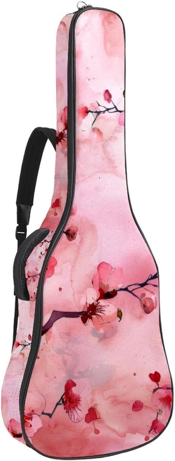 40 41 42 Inch Guitar Bags, Waterproof Padded Acoustic Guitar Case Backpack with Adjustable Shoulder Strap & Pockets, Pink Cherry Blossoms