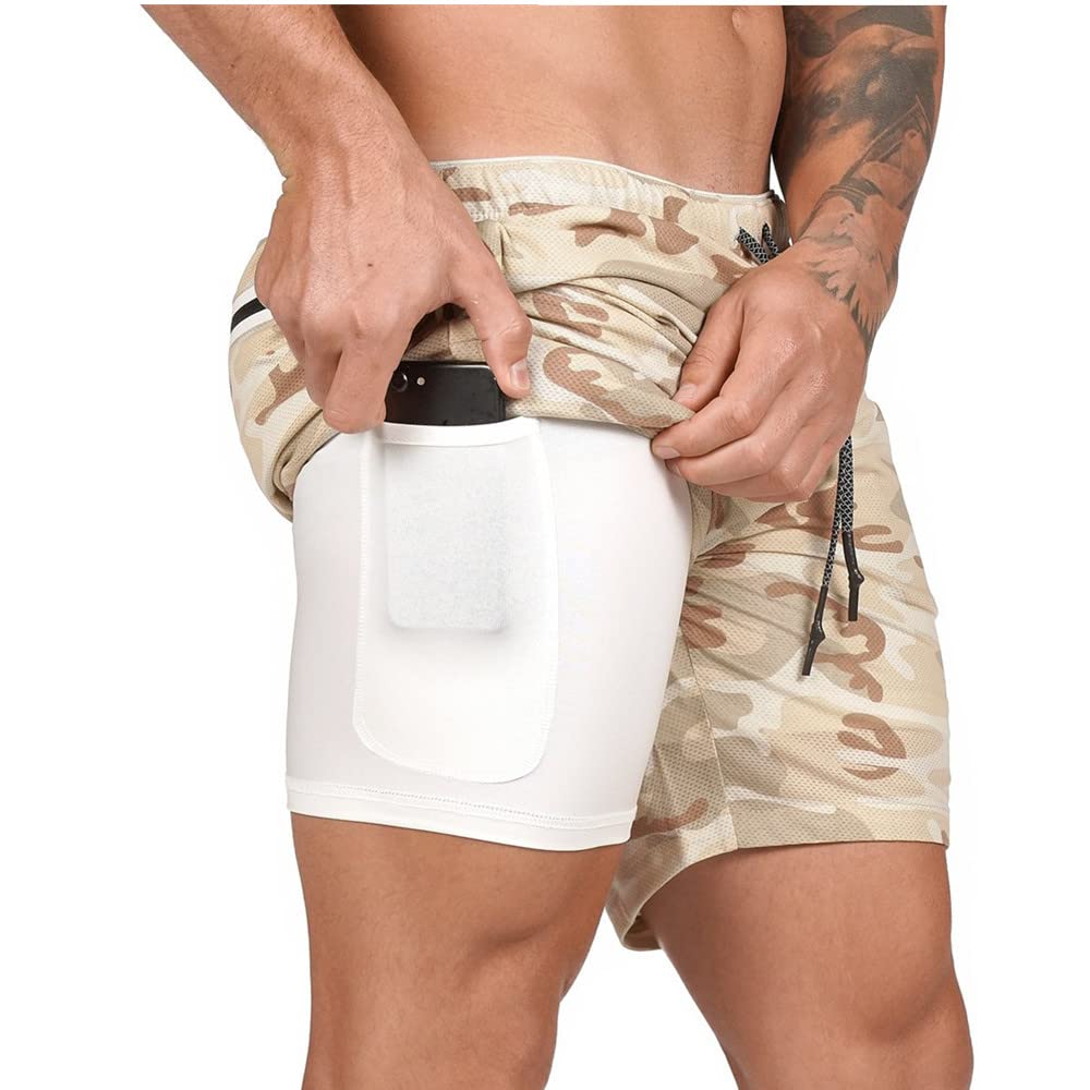 Surwin Men's Khaki Quick Dry Swim Trunks Swimming Shorts With Compression Liner 2 In 1, Summer Beach Pants Casual Running Gym Sports Pants Boardshorts With Pockets
