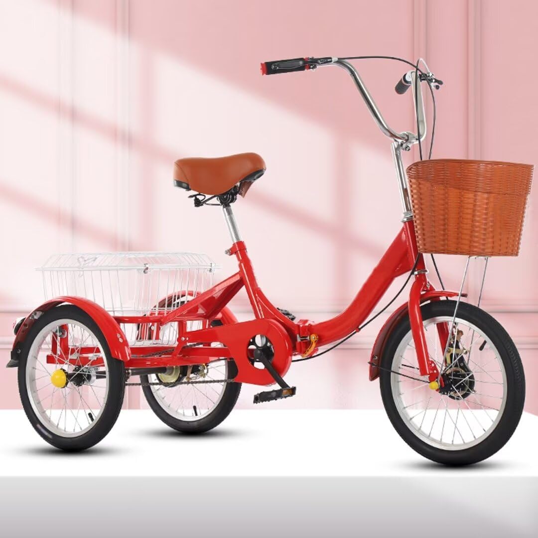 16inch 3 Wheels Bicycle with Vegetable Basket,Adjustable Tricycle,Rickshaw Pedal Tricycle for Traveling and Hanging Out,Pneumatic tire Spoke Wheels (red 16 in)
