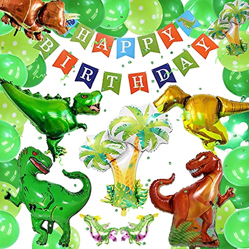Decoración para cumpleaños infantiles, diseño de dinosaurios, globos verdes, guirnalda Happy Birthday y globo de papel de aluminio Cover