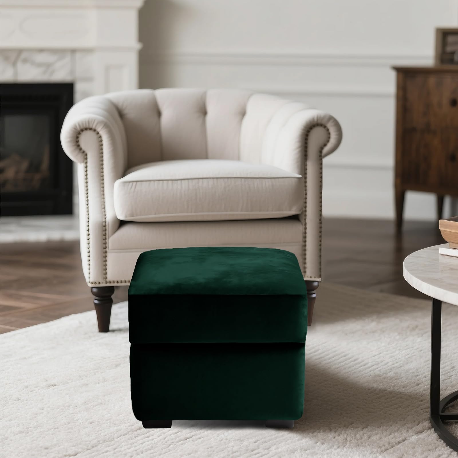 SYLC Ottoman Cover Stretch Velvet, Footstool Cover and Pouffe Cover Non-slip with Elastic Bottom/ties, Slipcover for Folding Storage Poofy Foot Stool (Dark green,Square-S Ottoman+Seat)