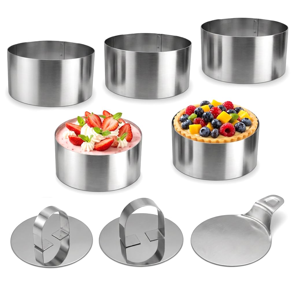 8 PCS 8cm Stainless Steel Non-Stick Reusable Cake Rings Set with 5 baking rings 2 Food Presses Spatula for Mousse Pastry Cheesecake Eggs Pancakes Dessert Baking DIY Home Kitchen Mould Oven Safe