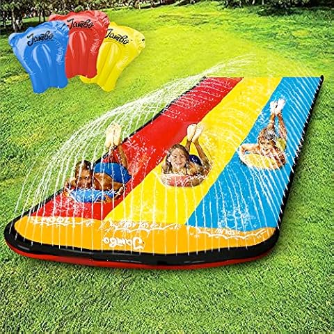 JAMBO Triple Lane Slip Splash and Slide for Backyards with 3 Bodyboards | Water Slide Waterslide Backyard Outdoor Water Toys for Kids with Sprinklers | Outdoor Splash Mat Cover