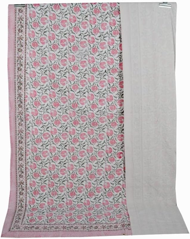 Indian Kantha Quilt Block Printed Kantha Blanket Cotton Kantha Bedspread Handmade Coverlet Throw Queen & Twin Size Kantha Bedcover (Pink, Twin(90x60))