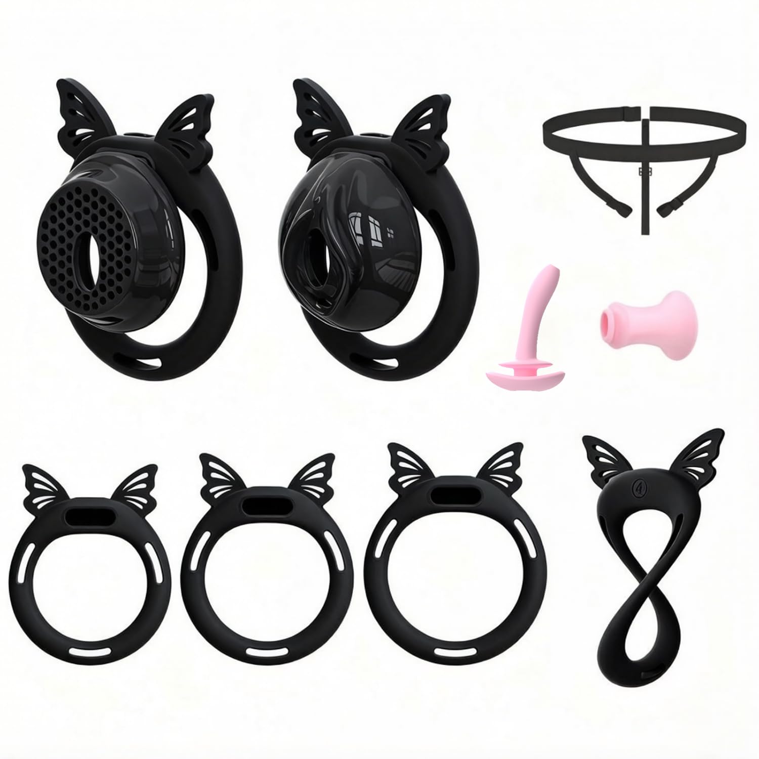 Male Flat Chastity Cage 2-Piece Set, Yithuet Soft Rings Chastity Cage Black