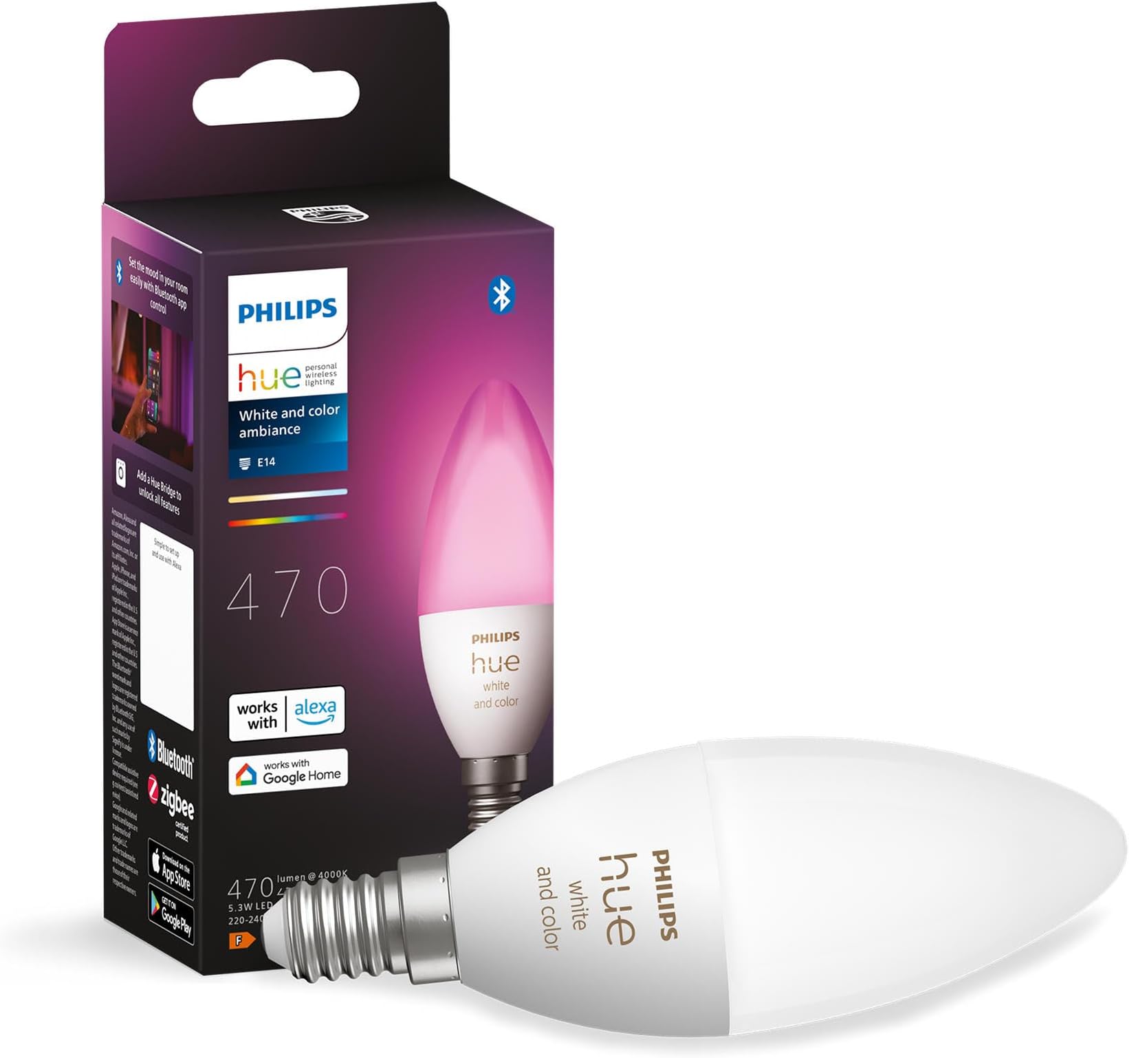 NEW White and Colour Ambiance Smart Light Bulb [E14 Small Edison Screw] With Bluetooth. Works with Alexa, Google Assistant and Apple Homekit