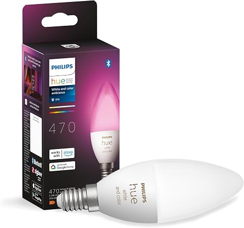 Philips Hue 5.3W Renkli Akıllı B39 E14 Led Ampul, Bluetooth Özellikli | Beyaz ve Renkli Ambiyans Işığı, Akıllı LED, 5.3W, Edison Vida Tasarımı, Kısılabilir, Bluetooth Uygulama Kontrolü, Akıllı Ev
