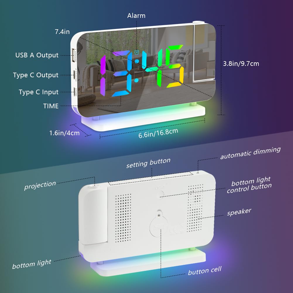 Sveglia con Proiezione, Sveglia con Schermo LED di Proiezione, Porta USB-C, Volume Allarme Luminosità Regolabile, per Camera da Letto, Soffitto, Parete, Casa, Bambini, Anziani