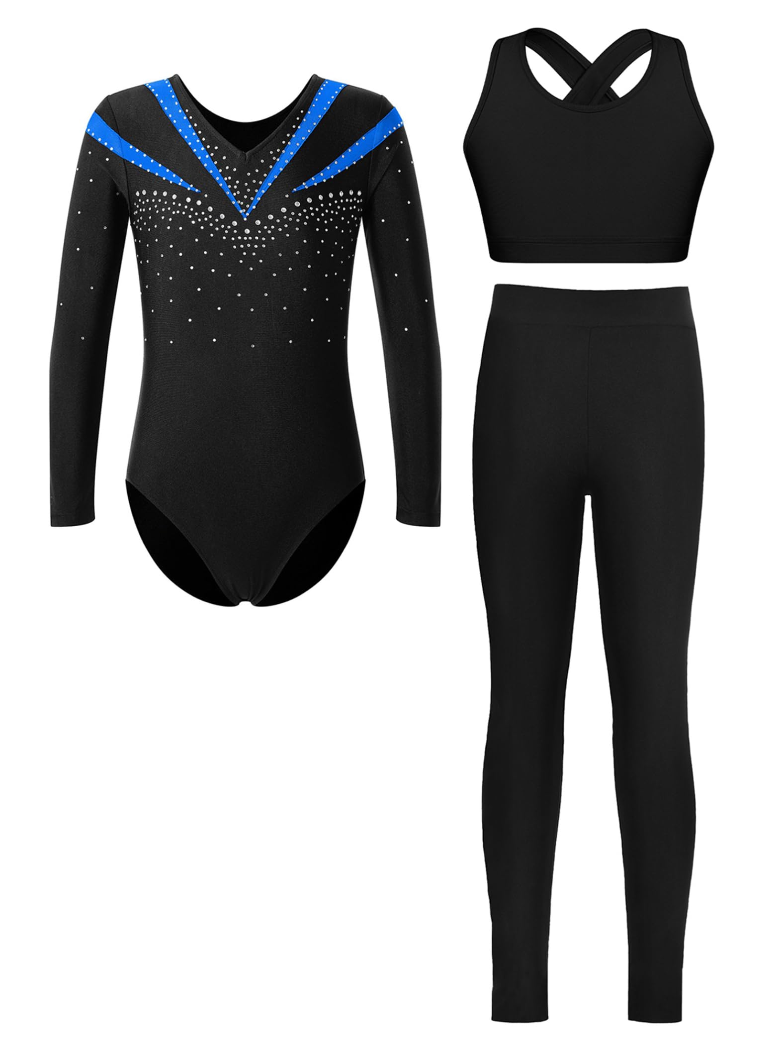 Piezas De Traje De Gimnasia Con Destellos Para Niñas Leotardos De Gimnasia De Manga Larga Tops De Deporte Brasier Y Pantalones Traje De Baile Para Azul 11-12 años