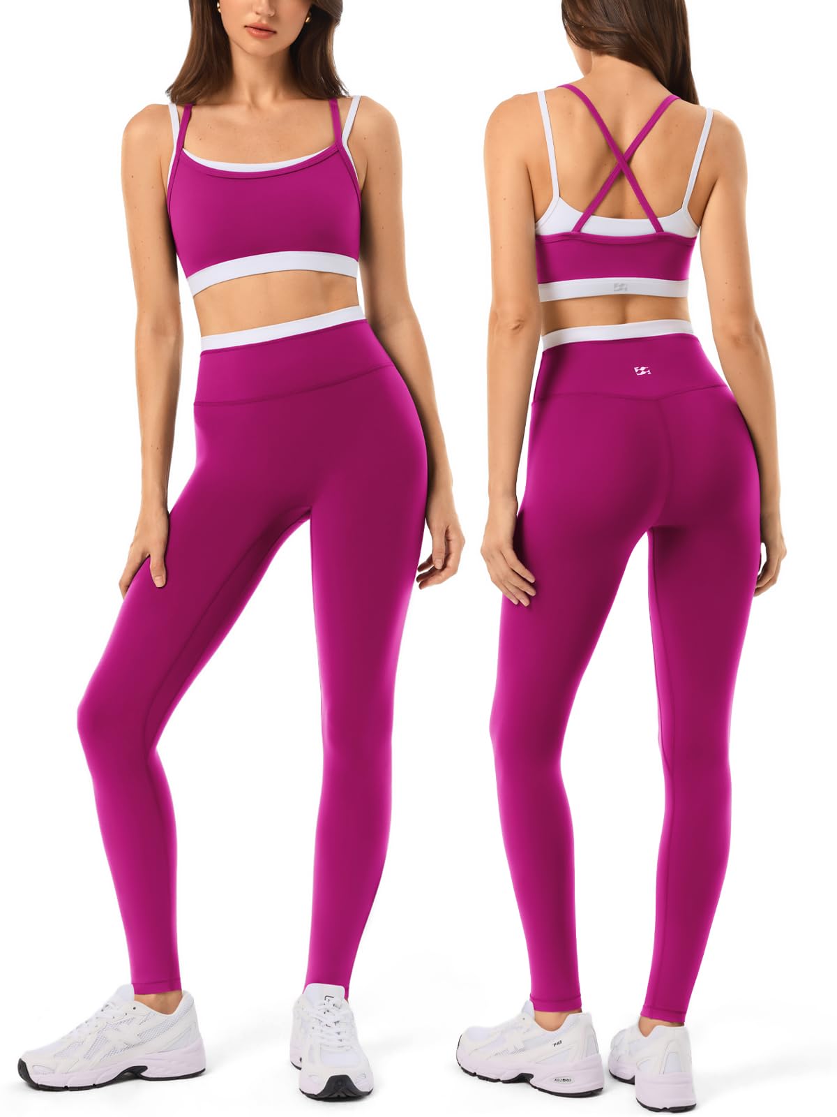 View 1 of 2 Pieces Workout Sets for Women,Seamless Athletic Leggings with Double Layer Sports Bras,Gym Matching Outfits xs