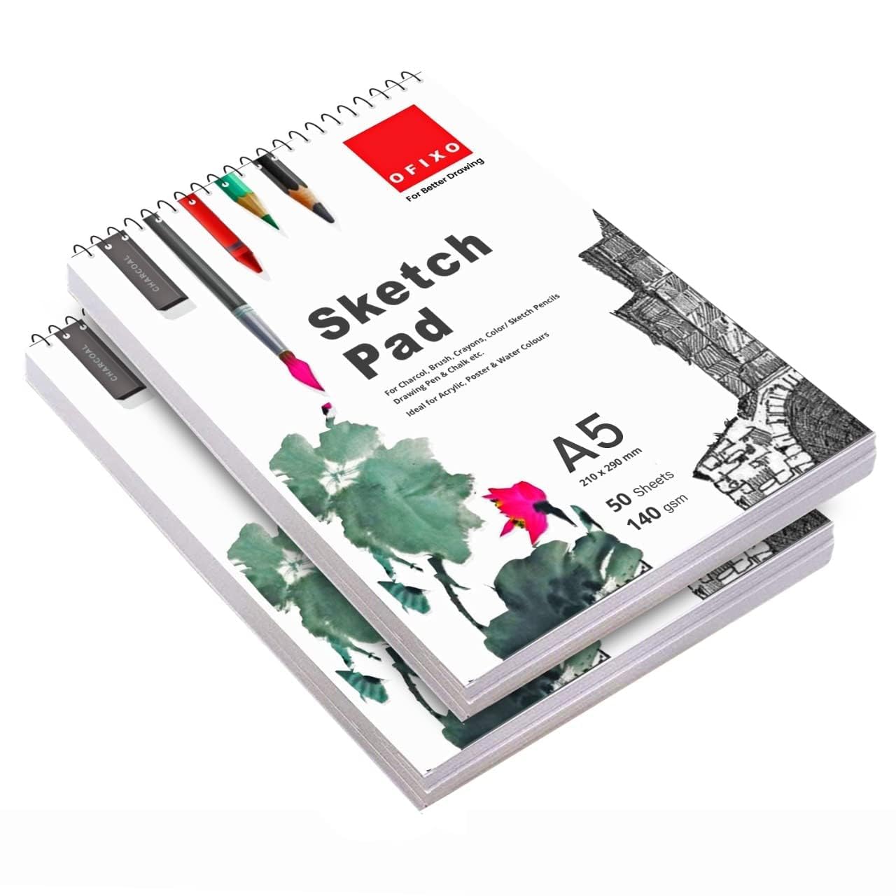 OFIXO 50 fogli A5 Sketchbook (confezione da 2) -5,8 x 8,3 pollici 140 g/m² | Blocco da disegno superiore a spirale per artisti | Carta priva di acidi per uso accademico
