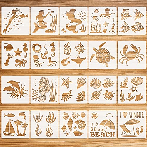 OOTSR 20 Stück Schablonen von Ozean und Strand, Zeichnung Malschablonen DIY Schablonen, Wiederverwendbar Kunststoff Schablonen Vorlagen für Holz,...