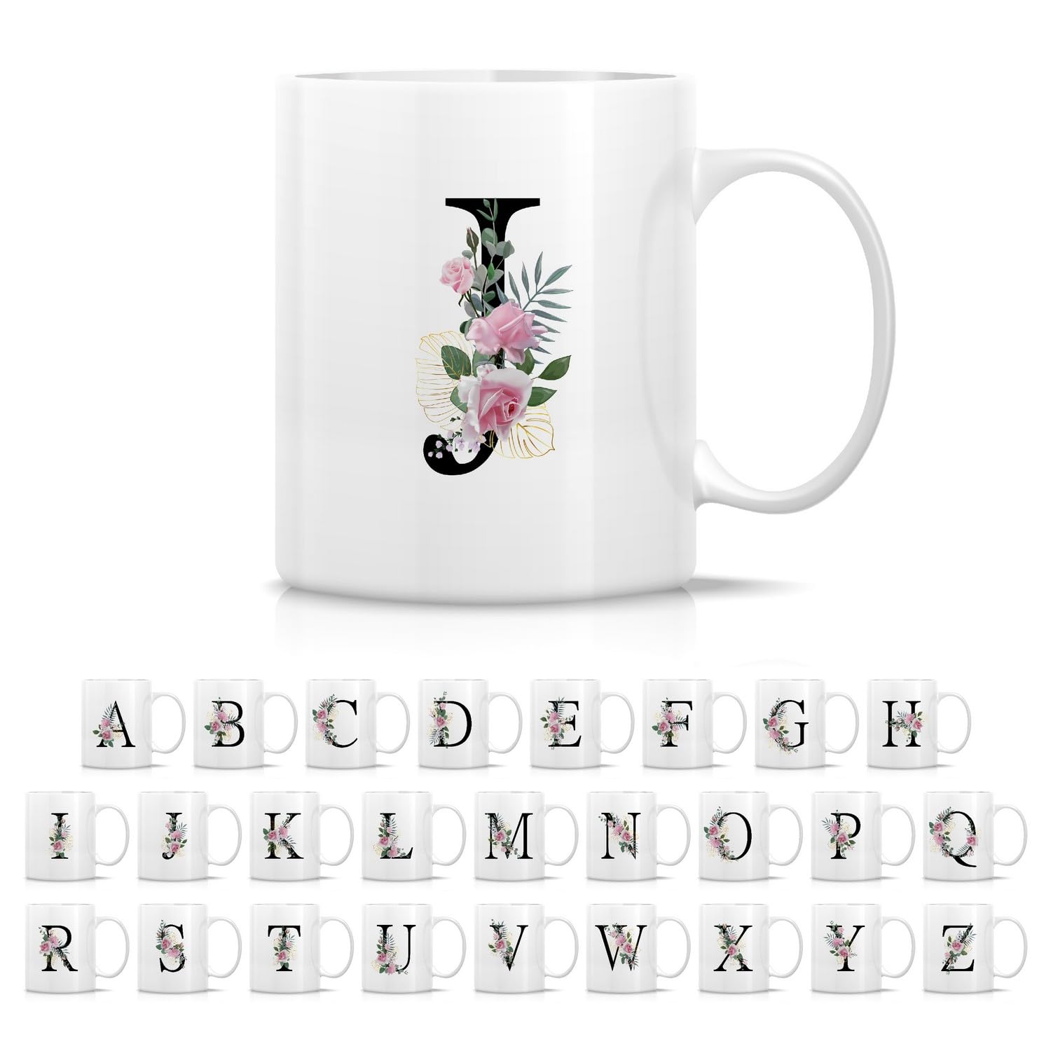 Initial A-Z Floral Botanical Bouquet Alphabet Monogrammed Monogram Mug 11 Oz Ceramic Tea Coffee Mugs - Appreciation Thank You Wedding Birthday Gifts for her friend coworker sister - J Initial
