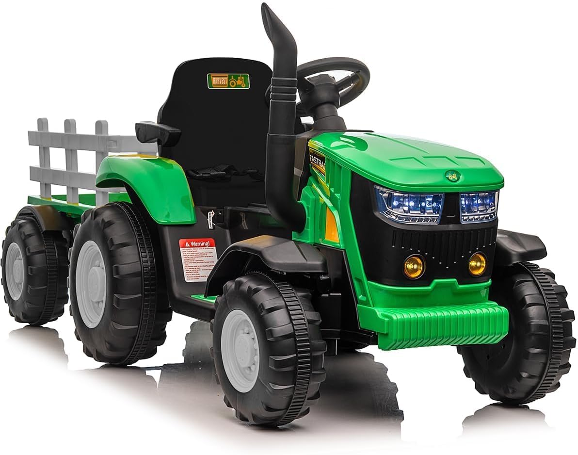 12V Elektrischer Traktor für Kinder mit Anhänger, Elektroauto Aufsitzfahrzeug mit Fernbedienung, LED Licht & Musik, 2 Fahrmodi, Abnehmbarer Anhänger, für Kinder ab 3 Jahre, Grün