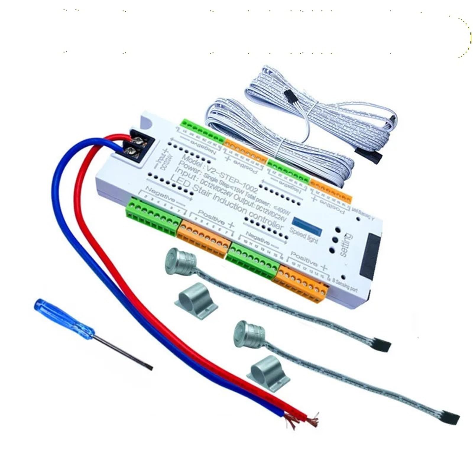 Tira de luces LED con Sensor movimiento PIR for escaleras, cinta lámpara SMD 5050 12V, controlador pasos escalera 32 canales, fuente alimentación y cable conexión(Stair Controller)