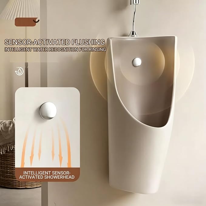 Urinal para hombres empotrado en pared con sensor integrado, recubrimiento nano antiodor en cerámica y descarga automática sin salpicaduras, para baño y uso comercial (C, sensor de superficie) miniatura 4