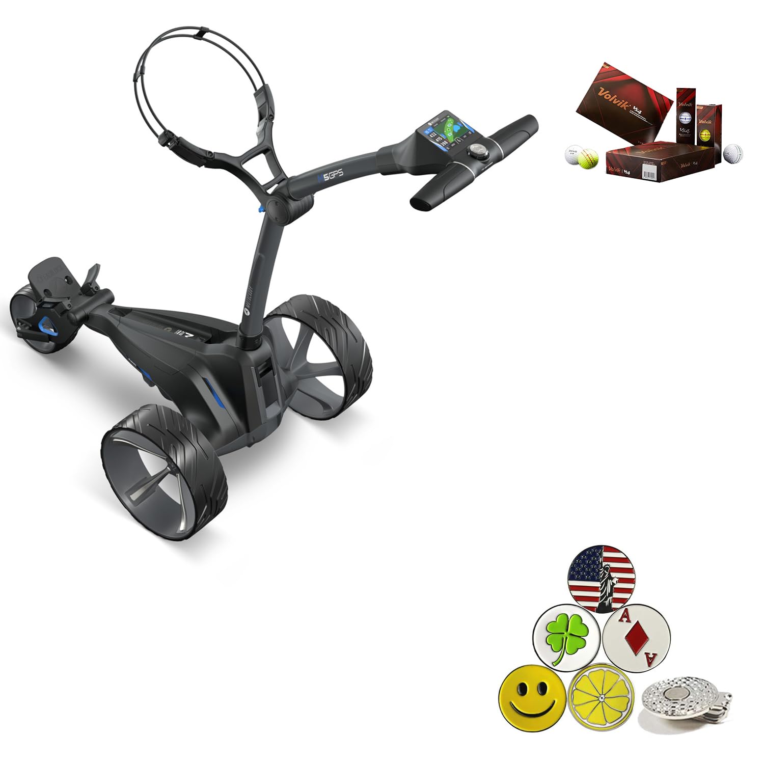 Motocaddy Caddy Cart Bundle with Holders for Umbrella/Scorecard/Drink, Device Cradle, with Volvik VS4 Premium Balls and 5 Golf Markers 1 Magnetic Clip