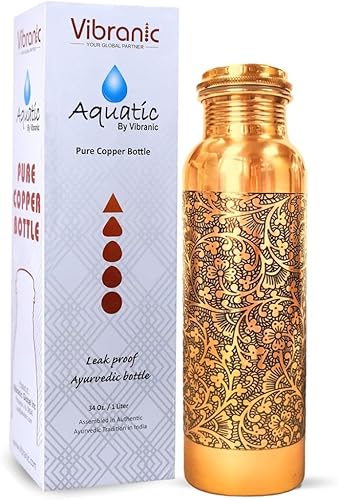 VIBRANIC Botella de agua acuática de cobre de 34 onzas, a prueba de fugas, botella de cobre ayurvédica para deportes, fitness, yoga, beneficios