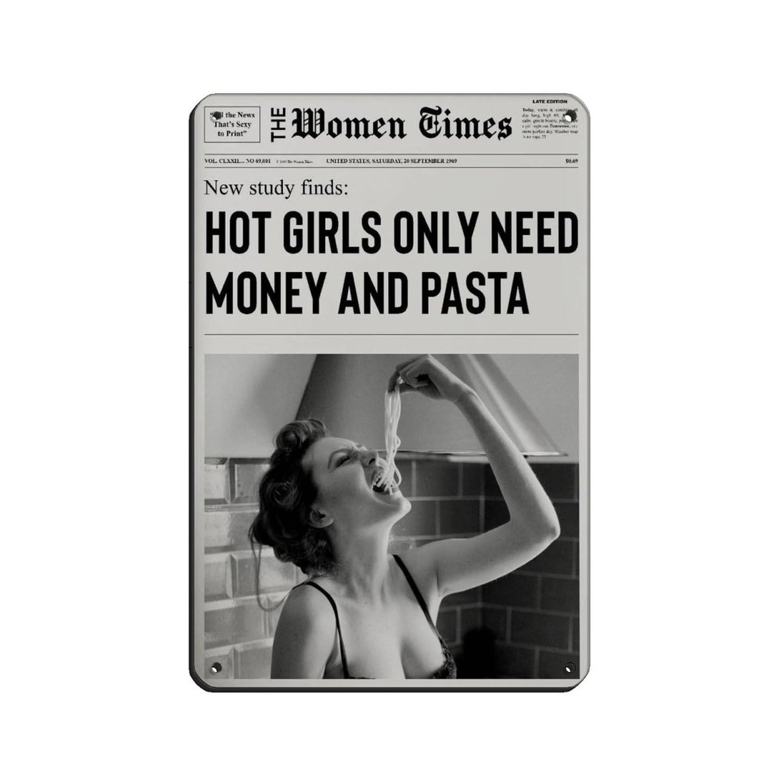 Pasta Art Print, Newspaper, Girl Dorm Room Art Tin Sign Vintage Metal Pub Club Cafe Bar Home Wall Art Decoration Poster Retro 8x12inch(20x30cm)