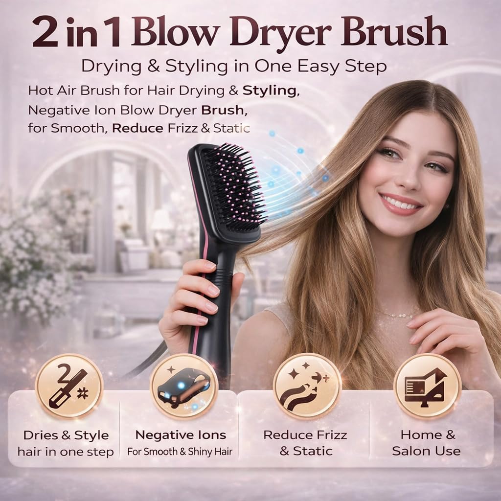 2 in 1 Blow Dryer Brush, Hot Air Brush for Hair Drying & Styling, Negative Ion Blow Dryer Brush, for Smooth, Reduce Frizz & Static