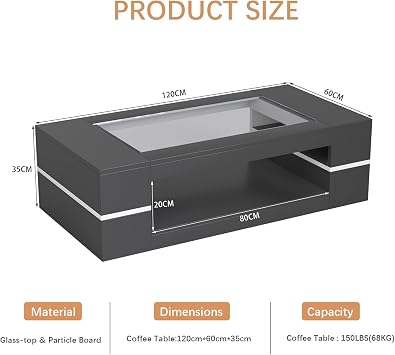 KEEPREAPER Rectangular Modern Stylish Coffee Table with Glass Top Black
