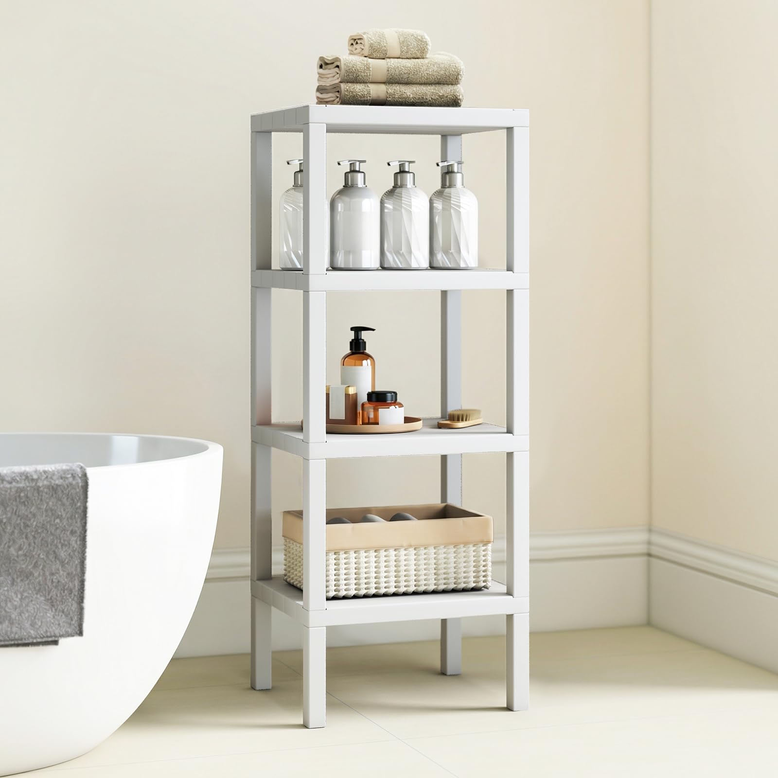 COSTWAY Scaffale di Stoccaggio a 4 Ripiani, Mobiletto Scaffale in Plastica Autoportante, Unità Organizzatrice Stretta per Bagno Cucina Soggiorno, 38x32,5x99 cm (Bianco)