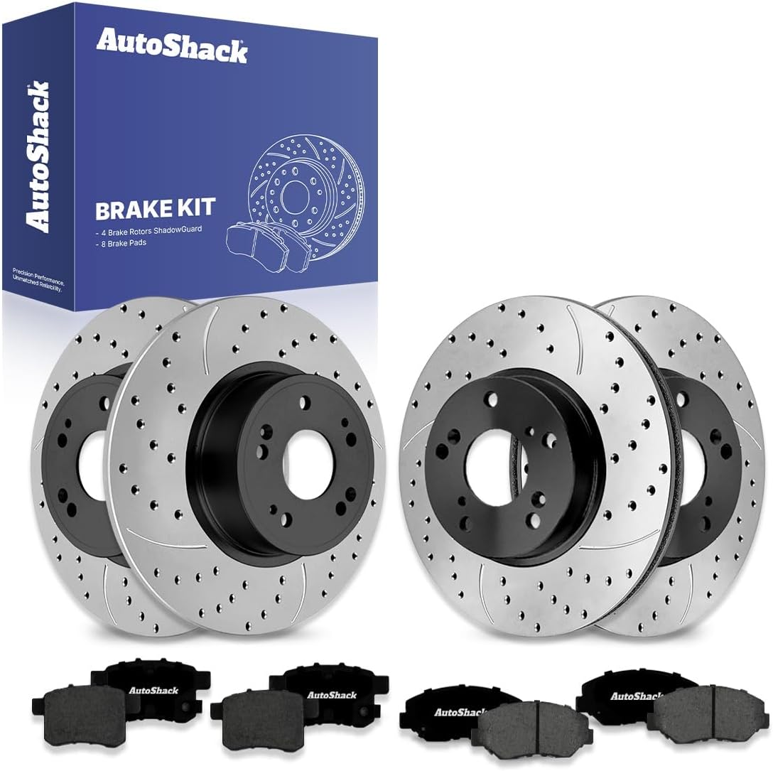 AutoShack Front Vented & Rear Solid Drilled & Slotted E-Coated Brake Rotors + Premium Ceramic Pads 12-PC Brake Kit Replacement for 2008-2017 Honda Accord ShadowGuard