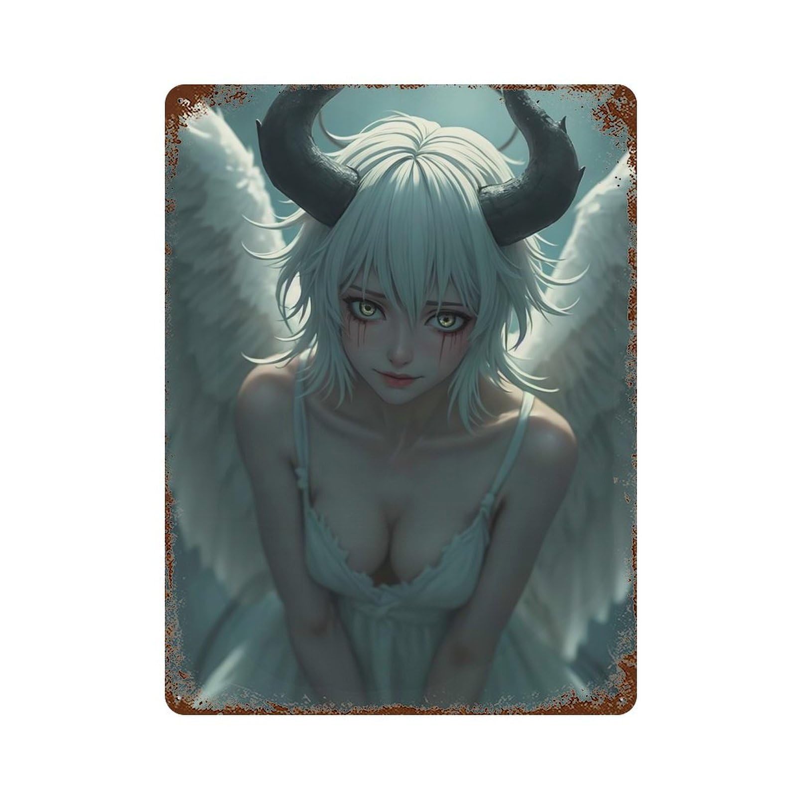 Fallen Angel with Horns Vintage Rust Metal Sign 15.7"x11.8", for Garage, Bar And Workshop Decor, Decorative Metal Wall Art