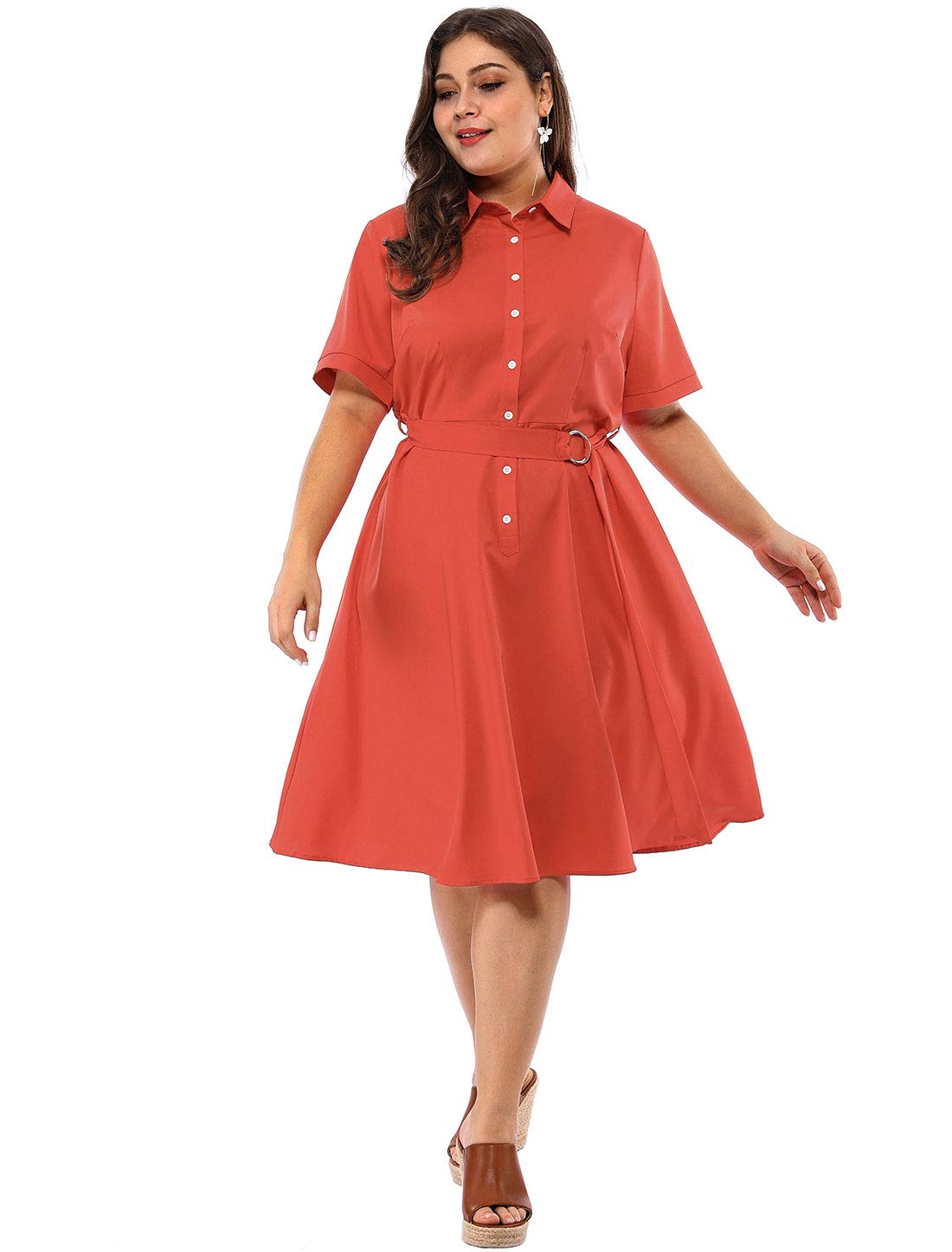 Agnes Orinda Women's Plus Size Retro Solid Button Down Flared Shirt Dress