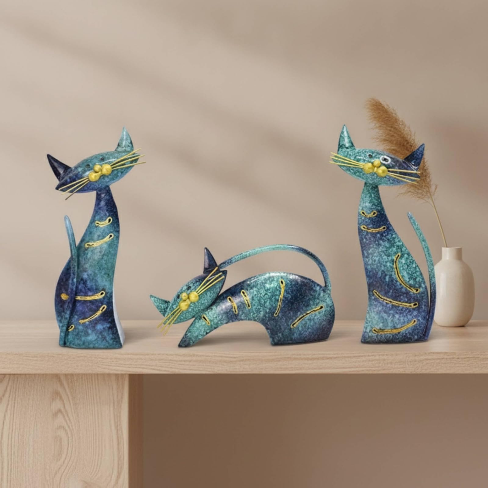 3 Piezas Figuras Gatos Metal Modernas Figuras Gatos Liviano Figurilla para Coleccionistas, Recibidor, Estanterías