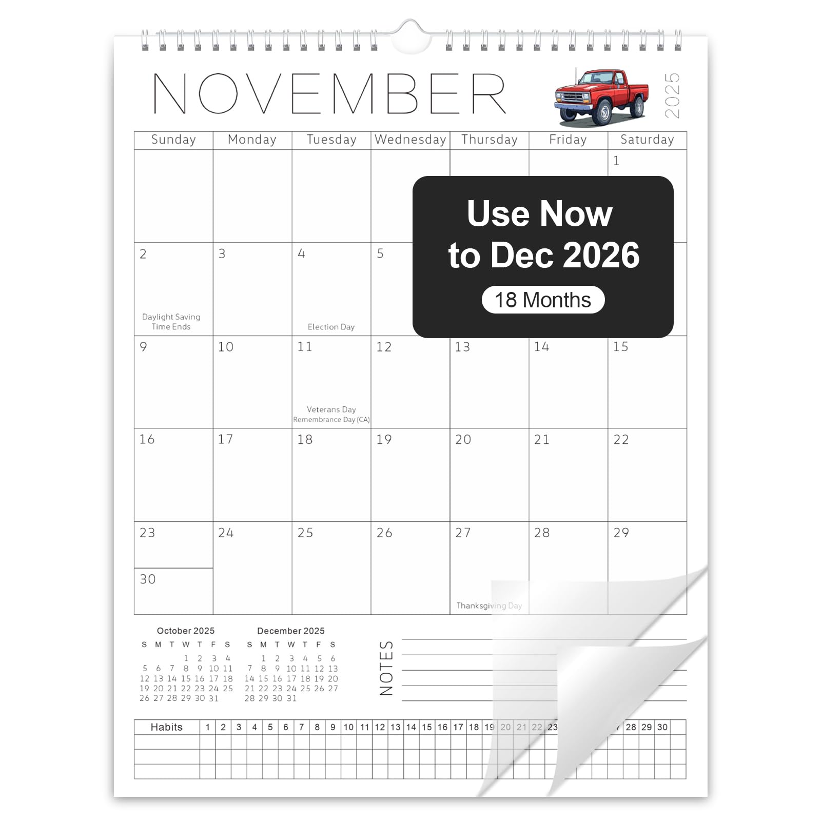 Gannyfer 2026 Wall Calendar — 14" x 11" Spiral Bound 2026 Calendar, 18-Month Minimalist Wall Calendar, Use Now to Dec 2026, Magnetic Fridge Calendar Perfect for Home School Office (3 Stickers)
