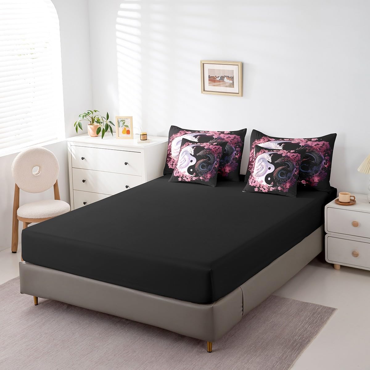 Feelyou Dragon Bedding Set King Size Yin Yang Comforter Set 7 Pieces Cherry Blossoms 3D Dragon Ancient Wildlife Couple Lover Bed in a Bag for Romantic Bed Set with Comforter, Sheet Set, Pillowcases