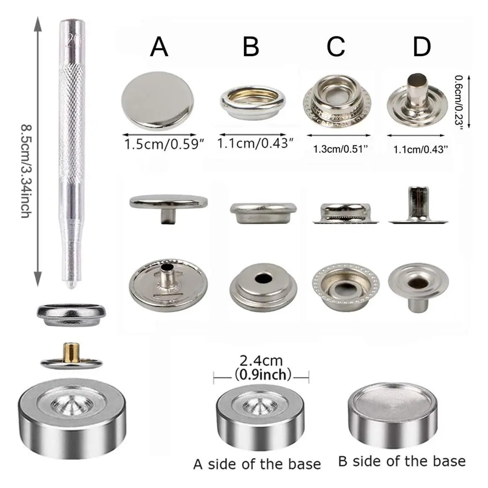 100 Uds. Kit de presión de Lona de 15mm, Cierre a presión de Calidad Naval, Botones a presión de Acero Inoxidable for Cubierta de Barco, Costura de Cuero, Ropa, Tienda