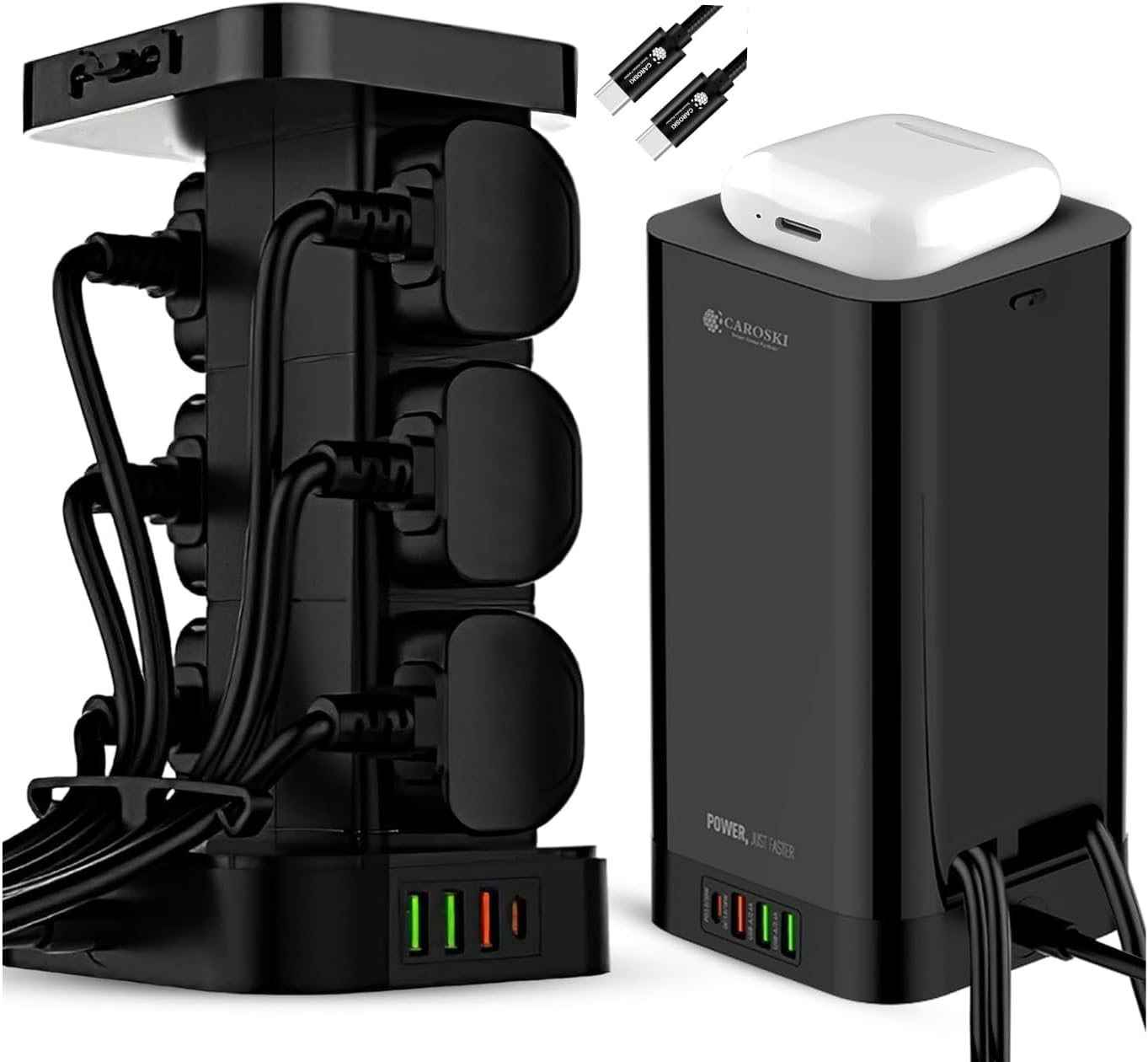 – Tower Extension Cord 6 Power Socket 4 USB Ports and 2500W Wireless Charger Multi-Plug Extension 2M Long 1 Extra Charging Cable 1 Year warranty Extension Cable with Elegant Box (Black)