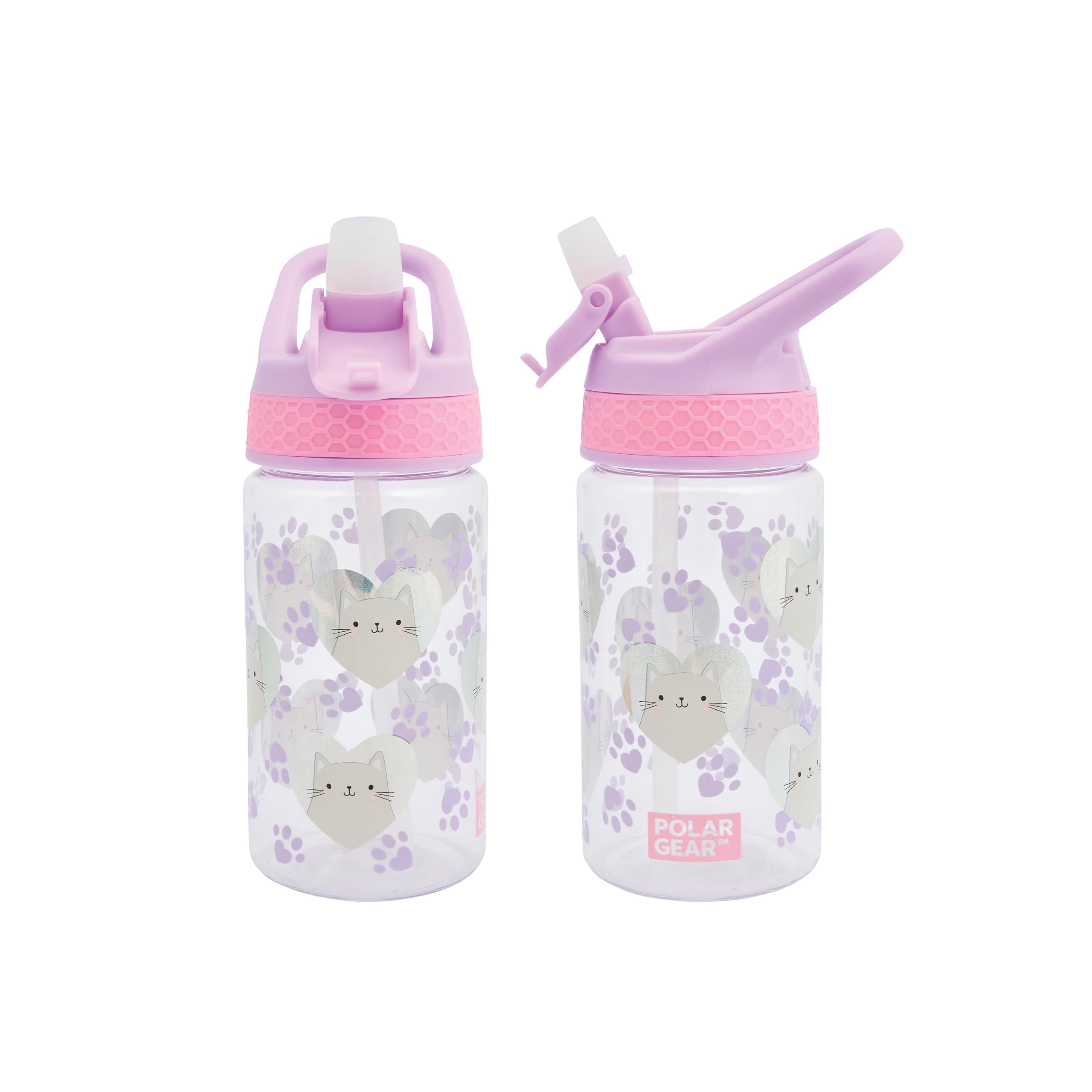 Polar Gear 430ml Kids Bottle with Easy Open Flip Cap - BPA Free, Spill-Proof Soft Spout, Secure Screw Cap Closure, Suitable for Ages 48 Months and Up - Kitty Paws, Pink