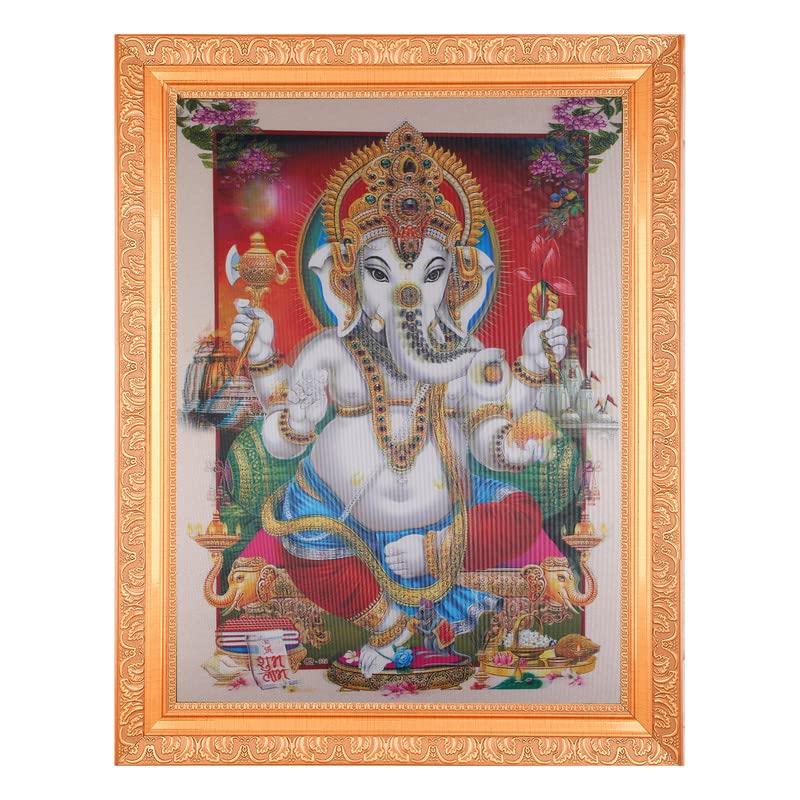 Ganesh-ji 5 Dimensional Layer (With 5D Effect) Art Work Photo In Golden Frame Big (14 X 18 Inches) OR (35.56 Cm X 45.72 Cm) Religious Wall Decor