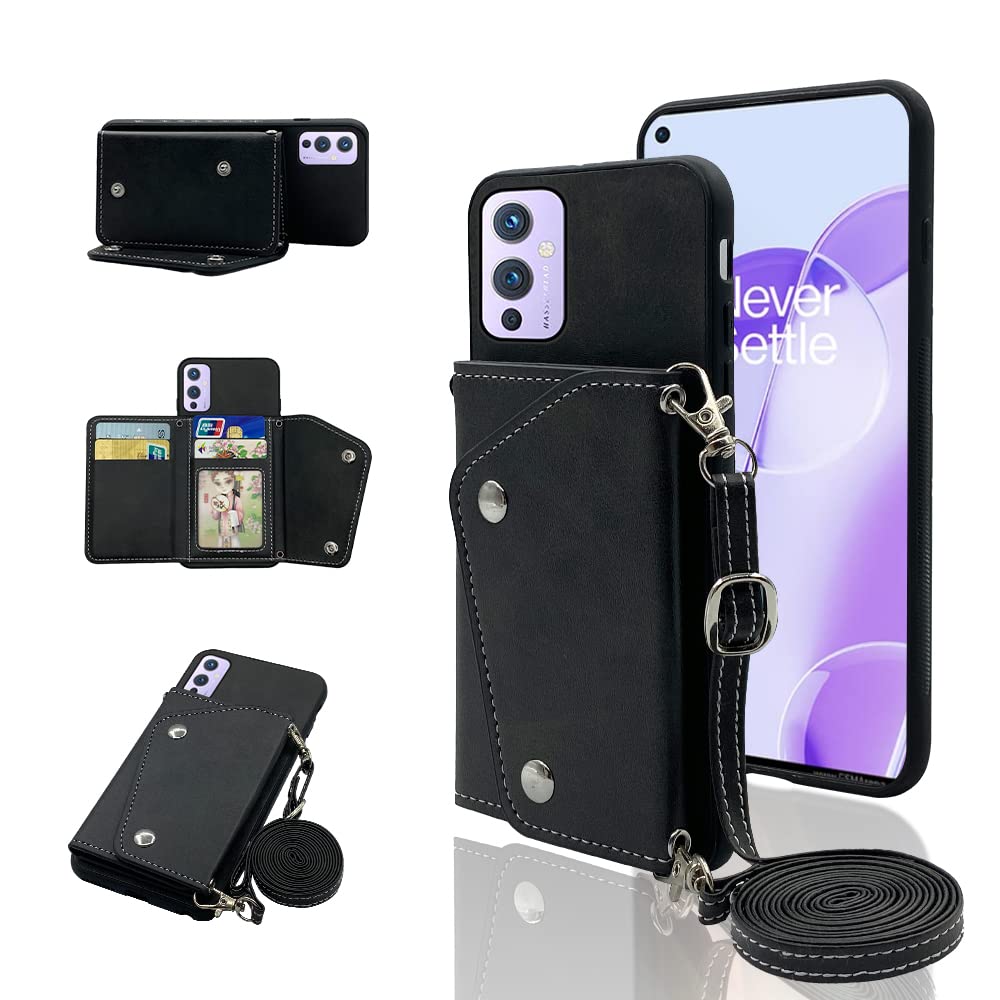 ELISORLIPhone Case for OnePlus 9 OnePlus9 5G Wallet Cover with Crossbody Shoulder Strap and Stand Leather Credit Card Holder Cell Accessories One Plus9 On 1 Plus 1plus One+ 1+ 1+9 Nine Girls Black