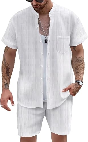 DEEX 2XL White Men's Summer Beach Outfits 2 Piece Short Sleeve Henry Shirts and 