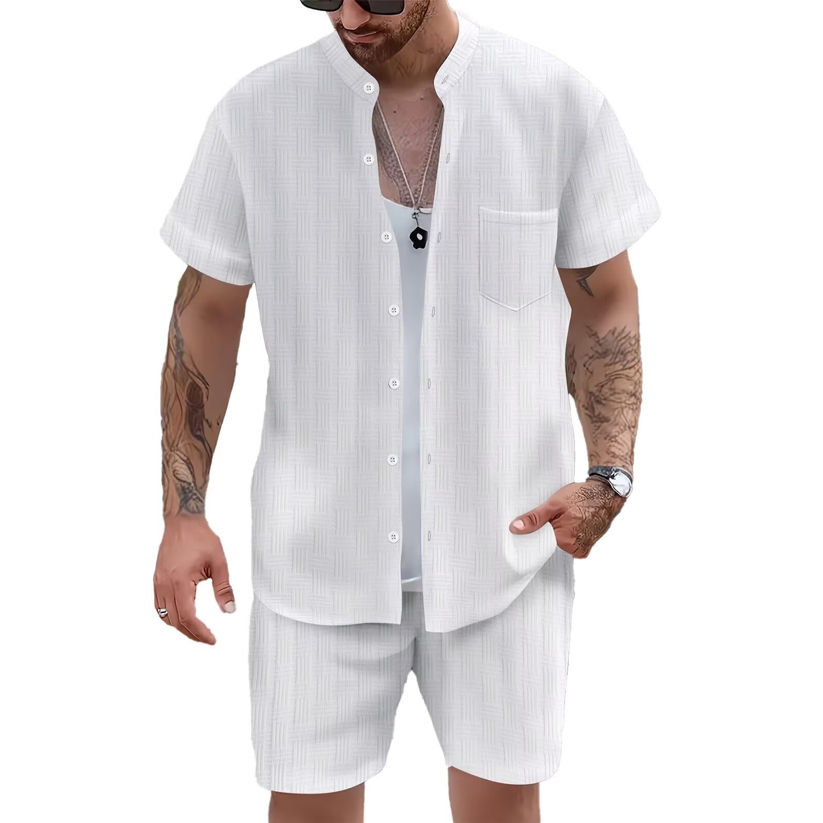 DEEX XL White Men's Summer Beach Outfits 2 Piece Short Sleeve Henry Shirts and Shorts Texture Vacation Sets for Men 2025