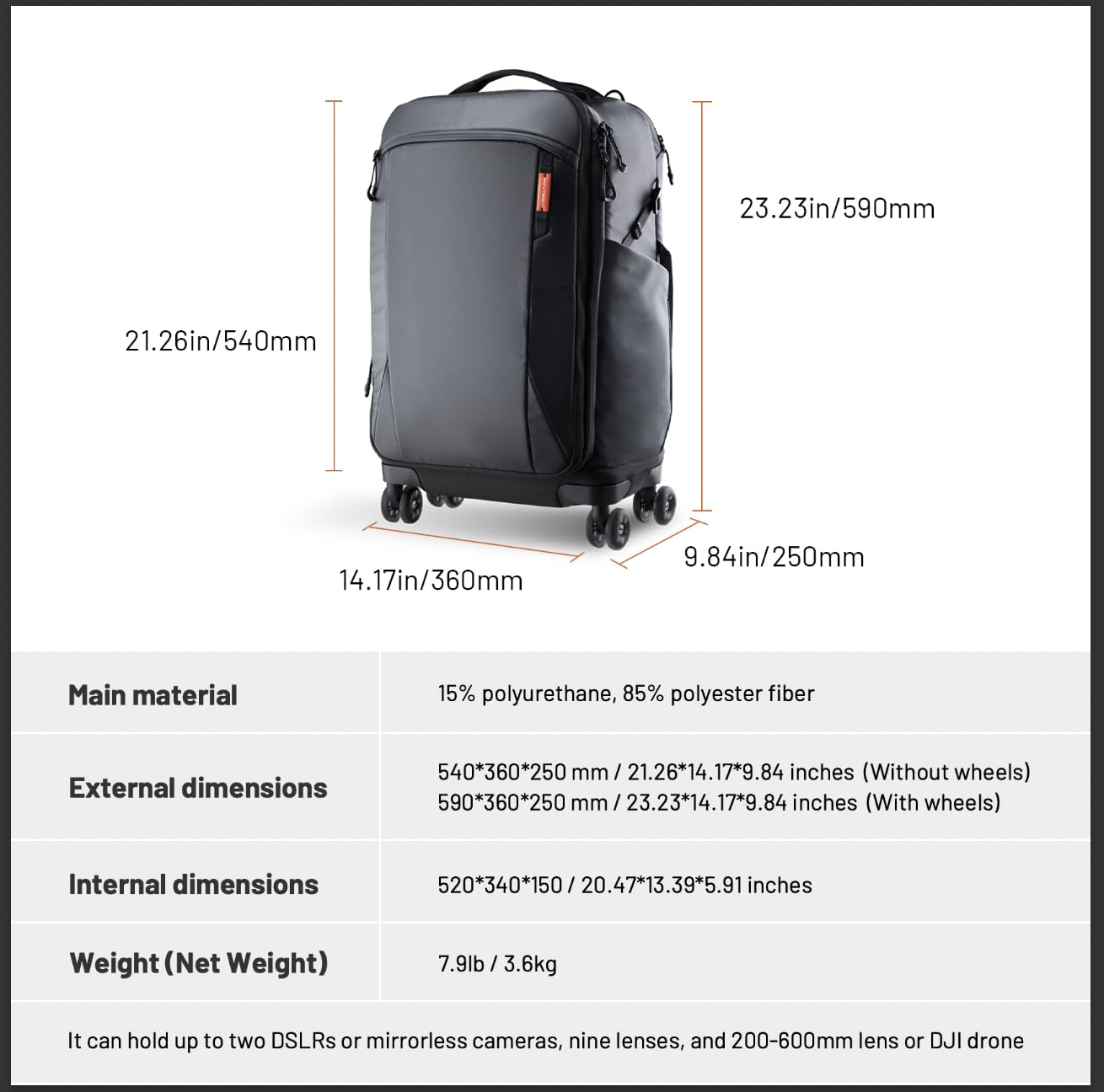 PGYTECH Plecak fotograficzny 2 w 1 z kółkami, DSLR/SLR/bezlusterkowiec/statyw, plecak-trolley do podróży dla fotografów, z ochroną przed deszczem, kompatybilny z laptopem 17", Canon, Nikon, Sony