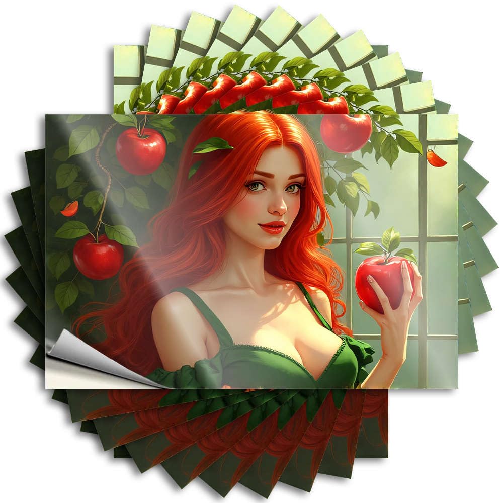 Fzfn Men's Colour Funny Sticker Cave Decor Gamers Crazy Bumper A Woman With Long Red Hair Holding An Apple - Scratch Resistant Stickers(12X18cm)